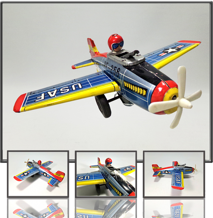 Antique Tin Toy USAF Fighter with pilot and sparkling gun Made by Yone, Japan, 1960th