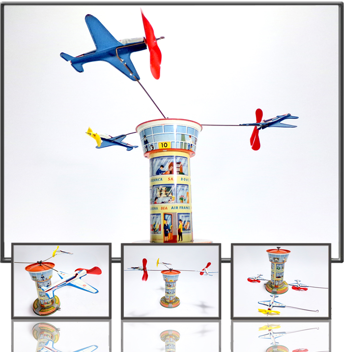 Antique Tin  Airplane Toy  Control tower with planes circling with running props made by JG.Schopper, Western Germany,1960th