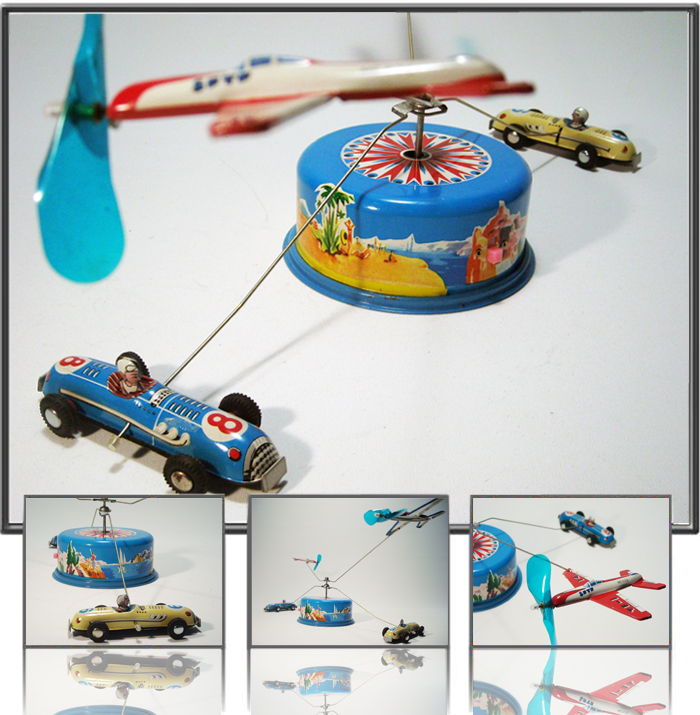 Antique Tin  Airplane Toy Racing Sportland, planes and cars circling in opposite directions Made in China, ME628,1960th 