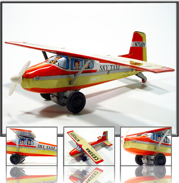 Antique Tin  Airplane Toy Sky Taxi. Runs with rotating propeller Made by Takatoku Toys, Japan, 1960th