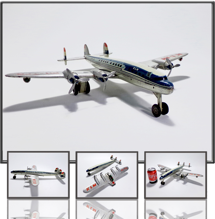 Antique Tin  Airplane Toy Super Constellation with spinning propellers. Tip lights operated by battery Made by TIPPCO Western Germany - 1960th.