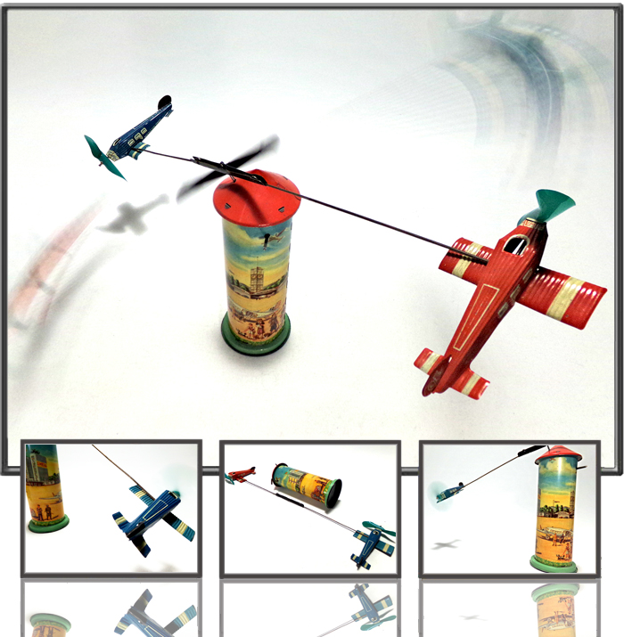 Antique Tin  Airplane Toy Two planes flying over a landscape painted tower Made by Gebrüder Einfalt/Technofix, US-Zone Germany, 1950th