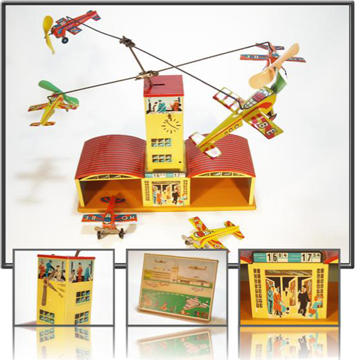 Antique Tin  Airplane Toy Control tower with planes circling in opposite directions Made by Hoch und Bechmann (HOBE), Western Germany - 1960th.