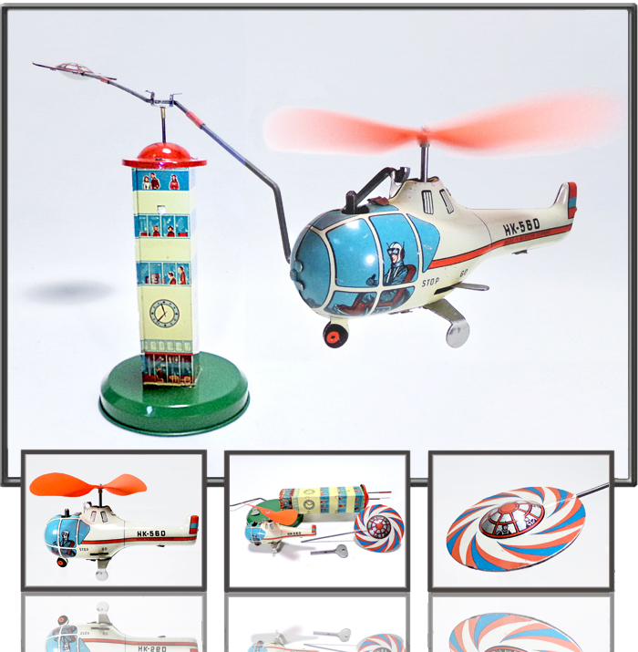 Antique Tin  Airplane Toy Control tower with helicopter and flying saucer as counterweight. Made by MZ Western Germany - 1960th.