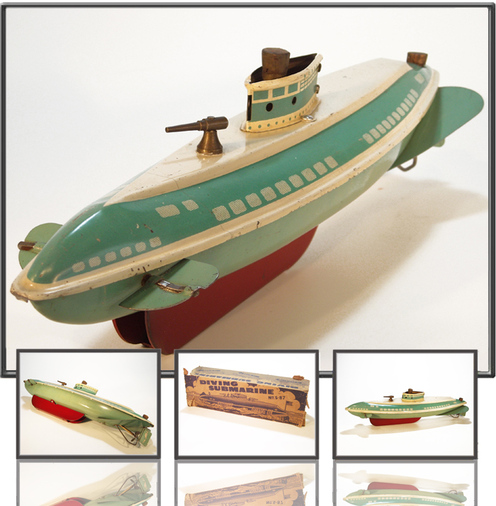 Antique Tin Boat Submarine made by Wolverine, USA, 1950th.