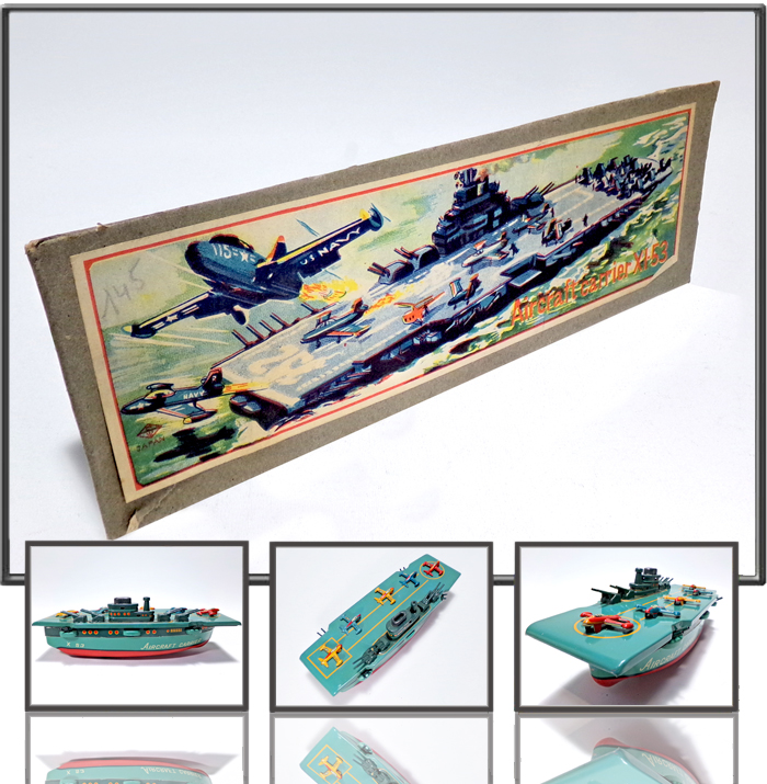 Antique Tin Boat Aircraft carrier made by Yonezawa, Japan, 1960th