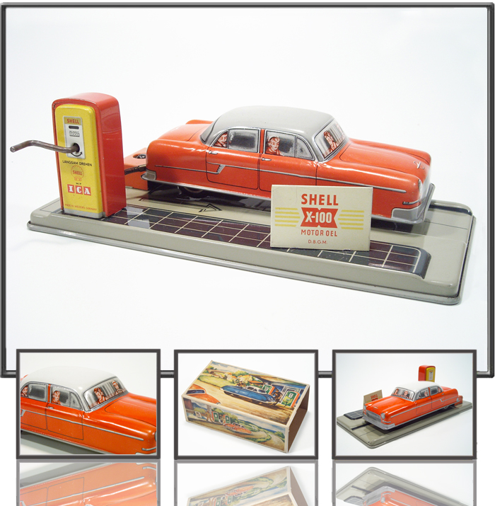 Antique tin car SHELL gas station with Opel Kaptan, made by Konrad Dressler, Western Germany, 1950s