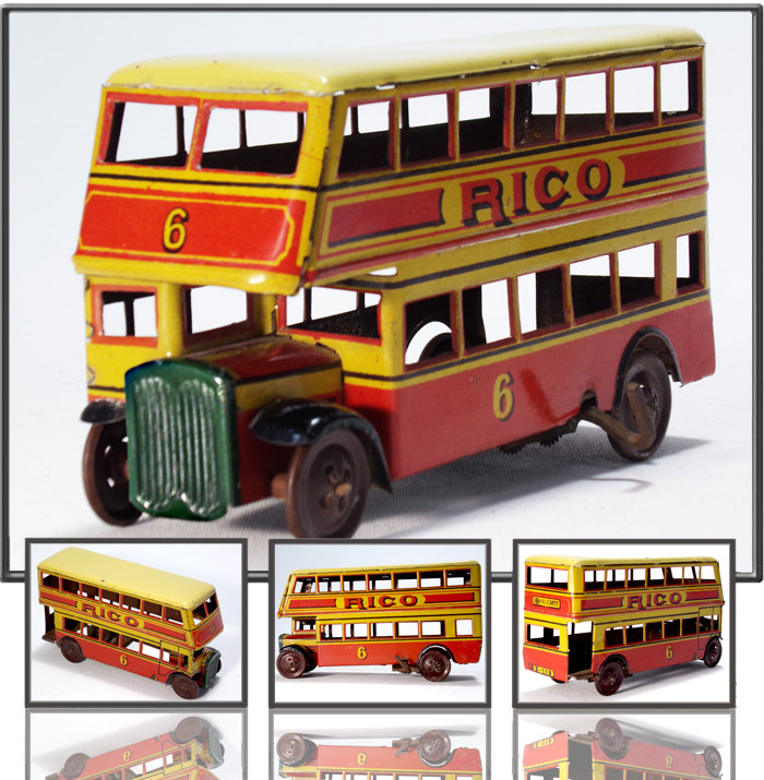 Double decker bus made by RICO, Spain, 1930s Double-decker bus b-Alicante # 6 Clockwork 160mm.Z-2