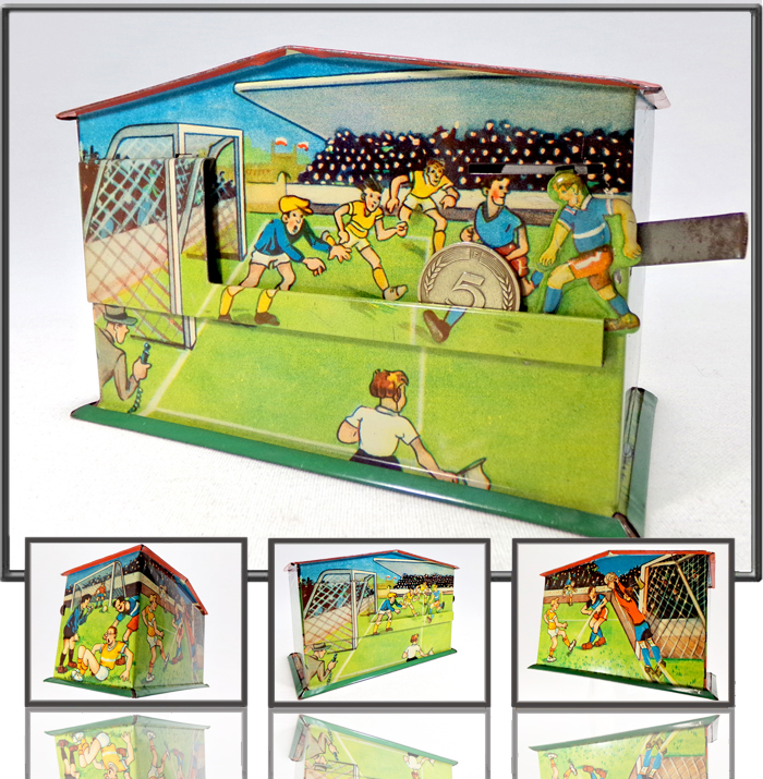 Soccer scene money box, US zone Germany, 1945-55s
