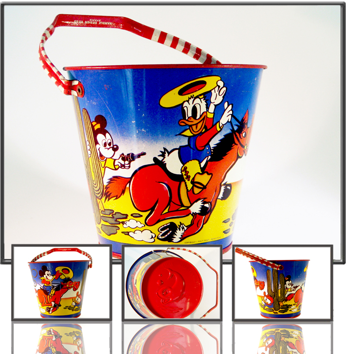 Antique Sand pail with Mickey and Donald, made by Happynak, England, 1950s