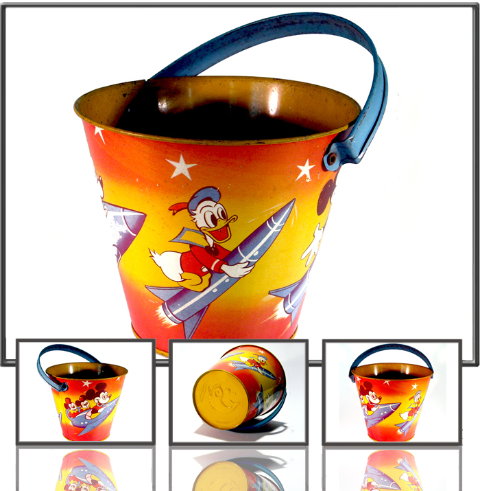 Antique Sand pail with Mickey and Donald, made by Happynak, England,1950s